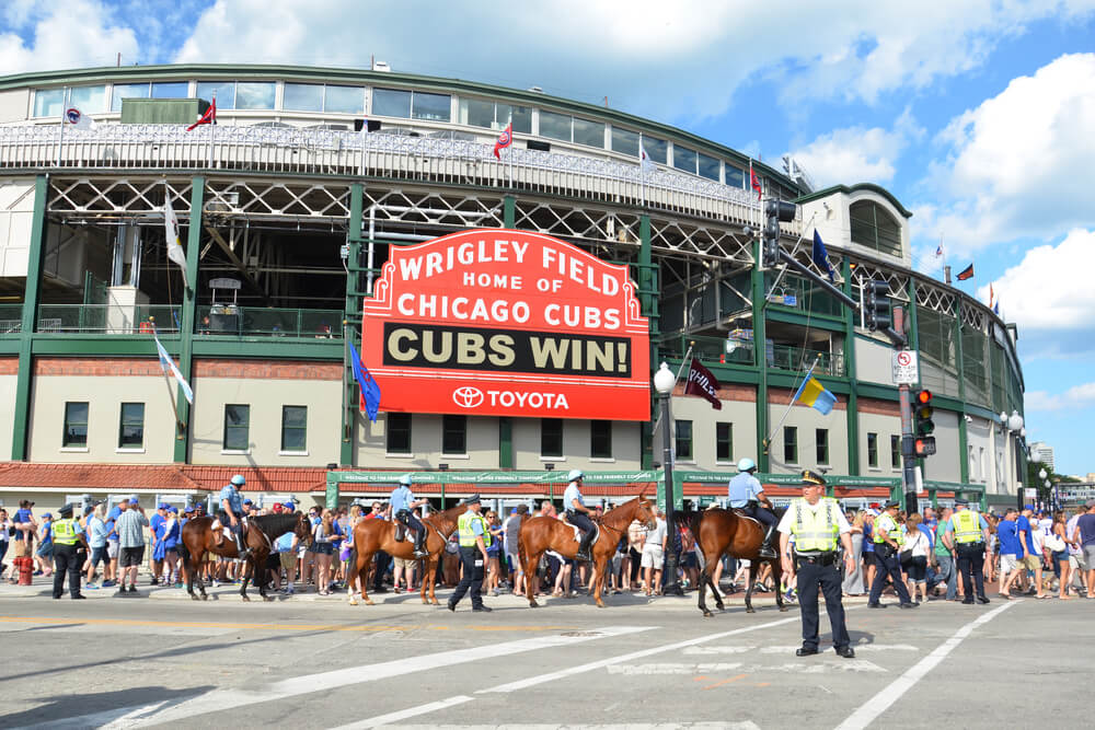 The Cubs Store. Wrigley Field is a baseball park located on the North Side  of Chicago, Illinois. It is the home of the Chicago Cubs, one of the city's  Stock Photo 