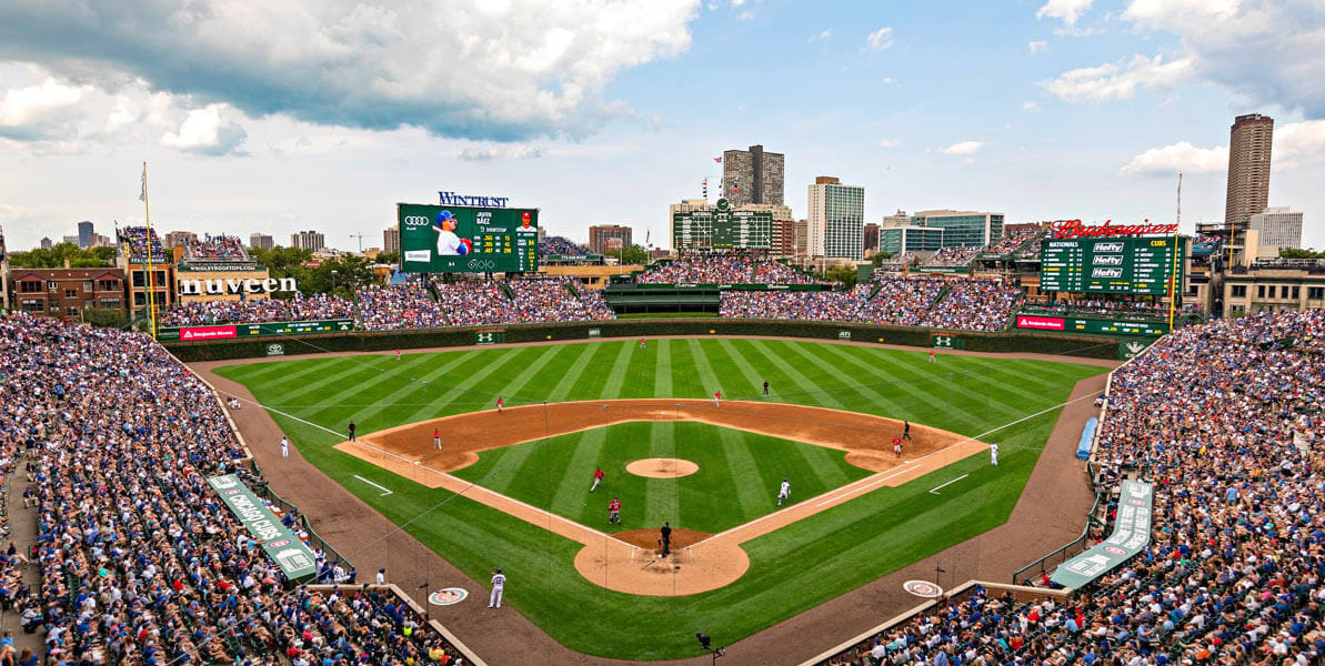 The Cubs Store. Wrigley Field is a baseball park located on the North Side  of Chicago, Illinois. It is the home of the Chicago Cubs, one of the city's  Stock Photo 